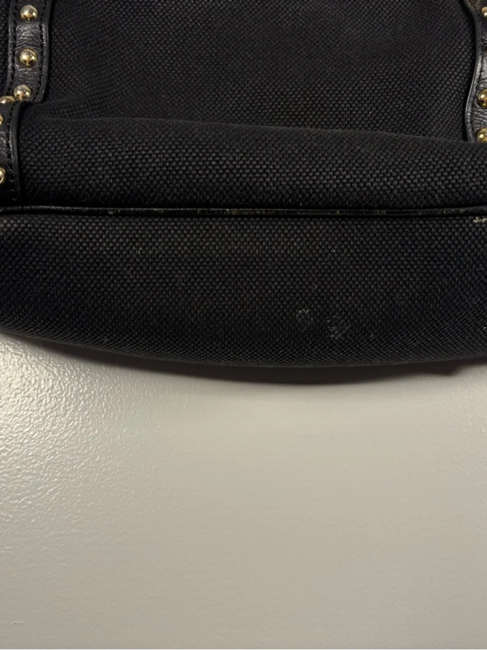 Michael Kors Black Canvas Tote with Studded Gold Trim side pockets